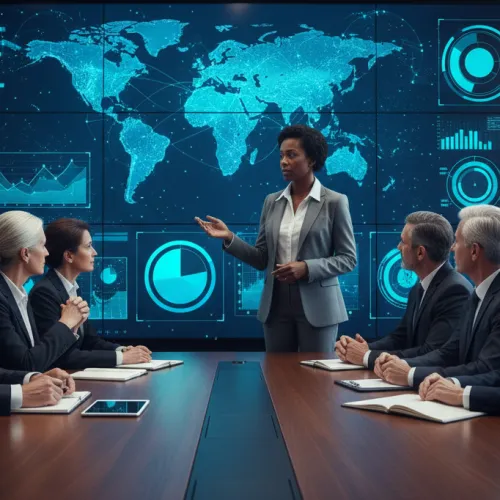 Businesswoman leads a meeting with global data charts displayed on a large screen in a modern conference room.