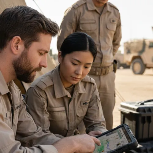 Military personnel in desert uniforms examining a digital map on a tablet next to equipment cases and a military vehicle.