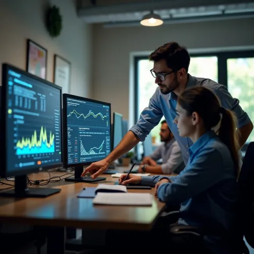 Two professionals analyze data charts on dual monitors in a modern office with natural light from a window.
