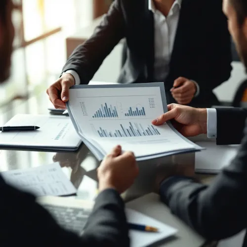 Business professionals reviewing and discussing financial charts and graphs during a meeting at office