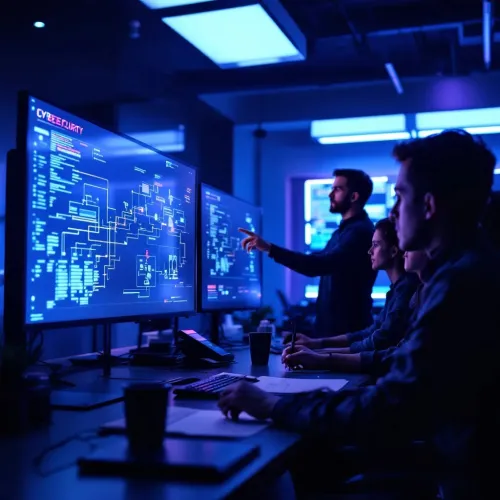 Team of cybersecurity experts analyzing digital data and network diagrams on multiple large monitors in a dark room.