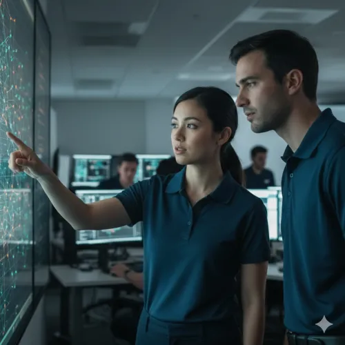 Two professionals analyze complex network data on a large digital touchscreen in a modern tech workspace.
