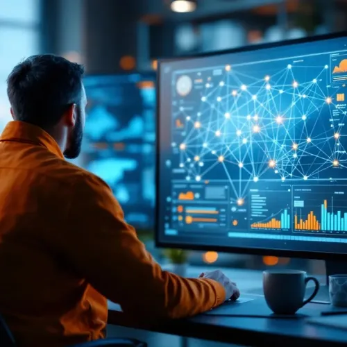 Man analyzing complex data visualizations and network graphs on a large computer monitor in an office.