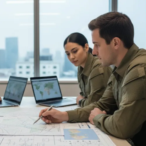 Four military personnel in uniform studying maps and discussing strategy around a table with laptops.