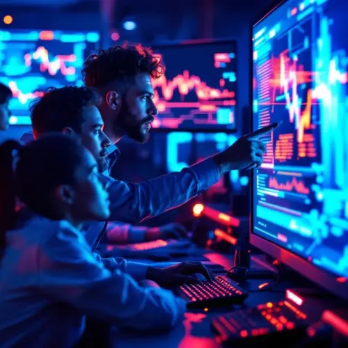 Team analyzing financial data and stock charts on multiple computer screens in a high-tech trading room.