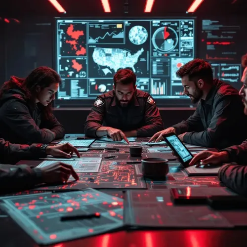 Team of security experts analyzing digital maps and data in a high-tech control room with red lighting.