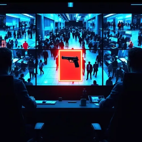 Two security analysts monitor multiple screens detecting a handgun among a crowded public space for threat analysis.