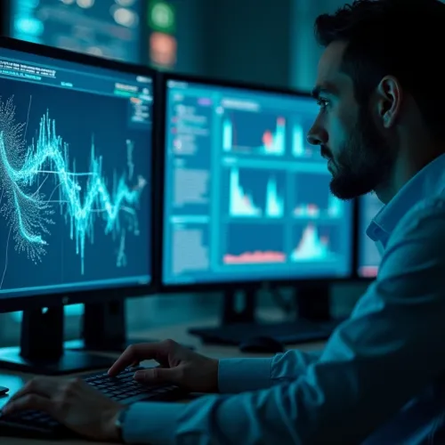 Man analyzing complex data visualizations and graphs on multiple computer monitors in a dark room.