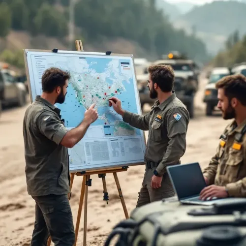 Military personnel analyzing a map on an easel during a field operation with vehicles and soldiers in the background