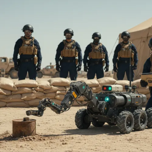 Military personnel operate a robotic bomb disposal unit near sandbag barriers in a desert base environment.