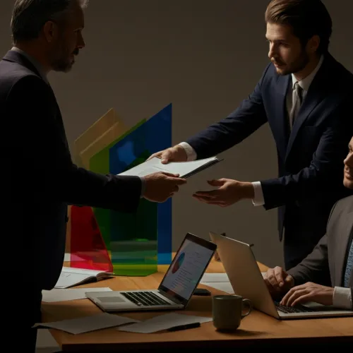 Three businessmen exchanging documents and working on laptops during a meeting at a wooden table.