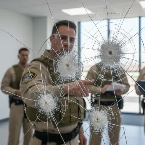 Police officers examine multiple bullet holes in shattered glass during an indoor crime scene investigation.