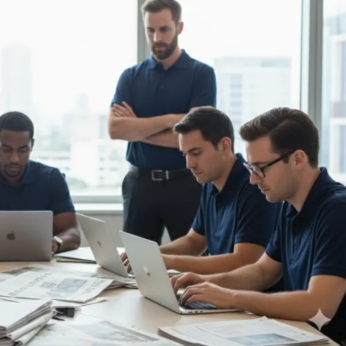 A diverse team in matching navy shirts collaborating with laptops and newspapers around a conference table.