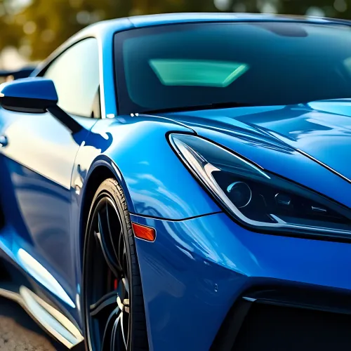 Close-up of a sleek blue sports car with sharp headlights and aerodynamic design in daylight.