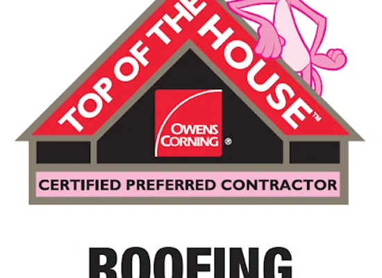 Logo featuring Owens Corning and the iconic Pink Panther, promoting a certified roofing contractor.