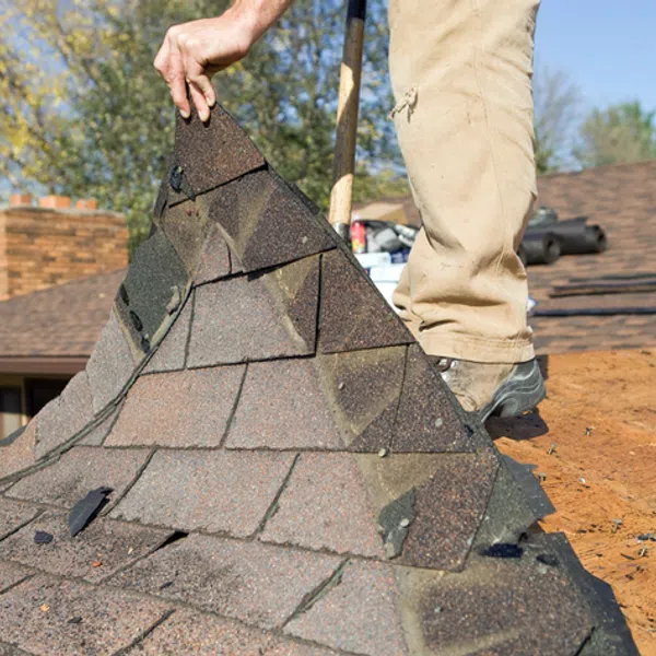 A person removing shingles from a roof, showcasing roofing maintenance and repair work.