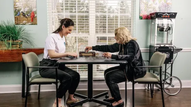 a couple of women sitting at a table