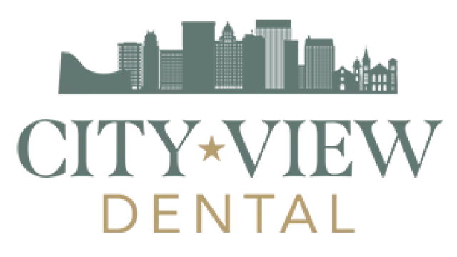 Logo for City View Dental with city skyline silhouette and star between words City and View