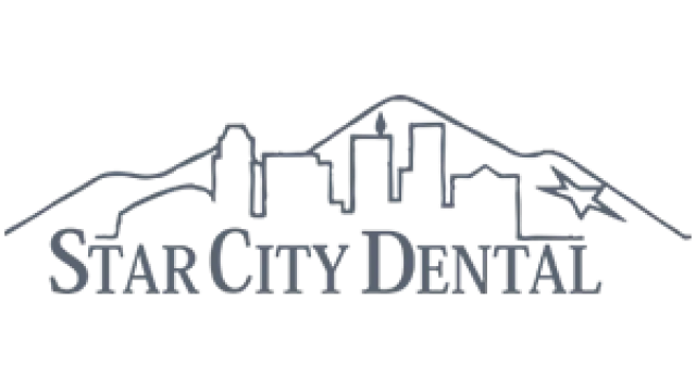 Logo of Star City Dental with city skyline, mountains, and a star symbol in dark gray.
