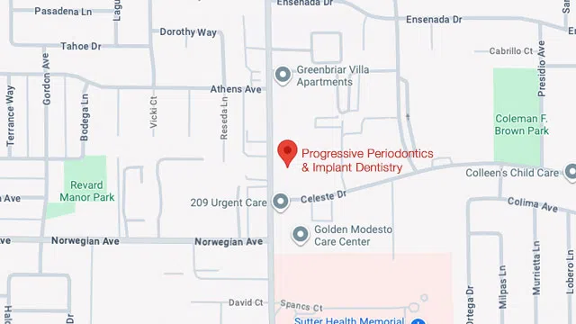 Map showing location of Progressive Periodontics & Implant Dentistry near Norwegian Ave and Celeste Dr.