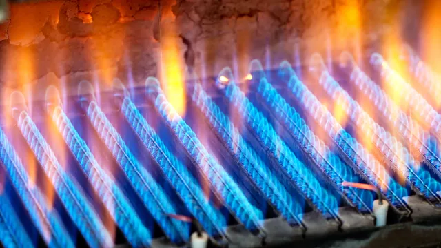 Blue gas flames burning evenly on stove burners with orange tips against a brick background.