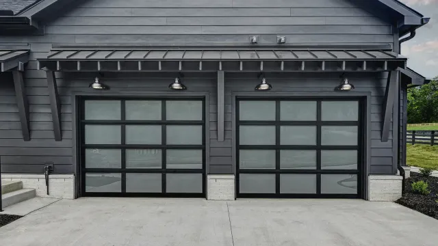 a building with a garage door