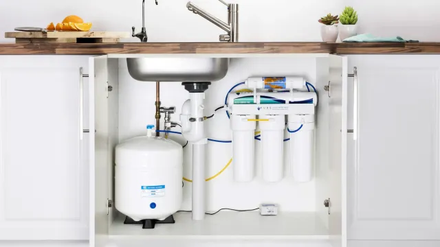 Under-sink kitchen water filtration system with modern faucet and organized plumbing.