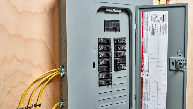Open electrical panel box with circuit breakers and yellow electrical wires on wooden wall background.
