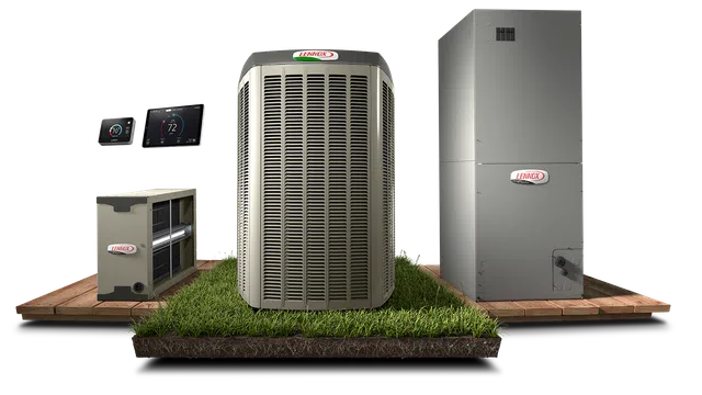 Lennox HVAC system components including thermostat, air handler, heat pump, and furnace displayed on grass and wood platform.
