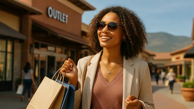 Smiling woman wearing sunglasses holding shopping bags outside a retail outlet on a sunny day