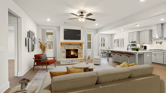 a living room with a fireplace