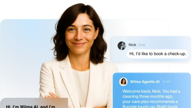 Smiling woman in white blazer with AI chat bubbles showing dental appointment booking conversation.