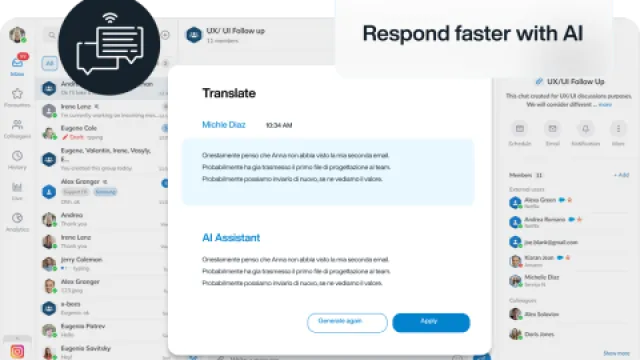 User interface showing AI-powered translation and messaging features for faster communication in a team chat app.