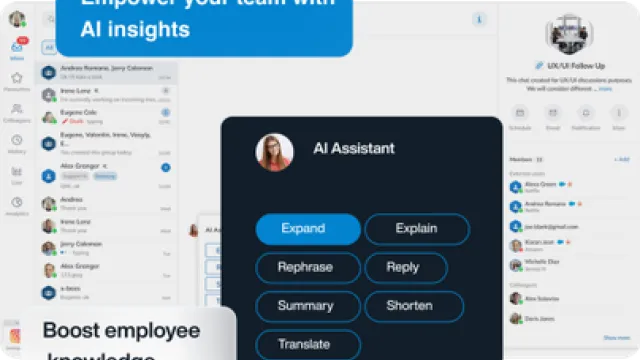 AI assistant interface showing options to expand, explain, rephrase, and boost employee knowledge in a team setting.
