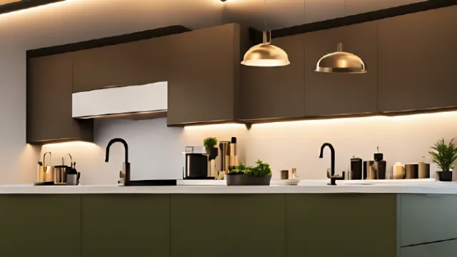 a kitchen with a light above the sink
