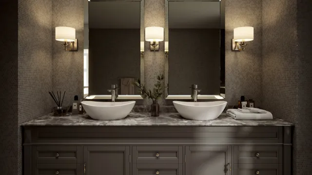 a bathroom with two sinks