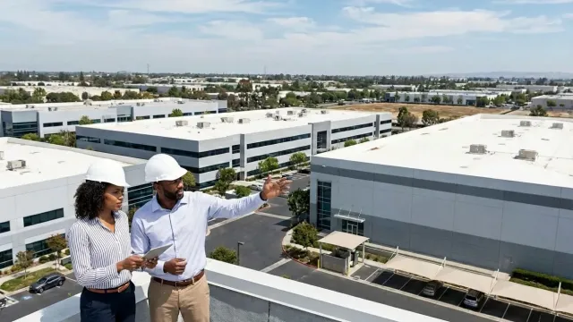 Two construction professionals wearing helmets inspecting industrial buildings from a rooftop on a sunny day