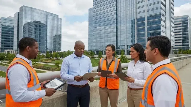 Construction team in safety vests discussing plans outdoors with tablets and clipboards near modern office buildings.