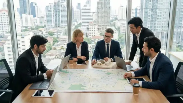 Business team in formal wear discussing urban development plans around a large city map in a modern office.