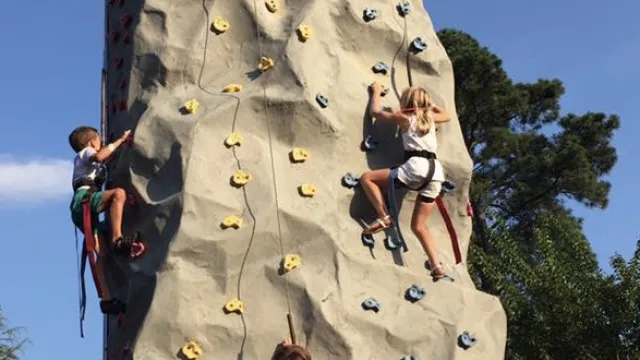 Three children climbing an outdoor artificial rock climbing wall on a sunny day with clear blue sky.