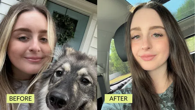 Side-by-side before and after photos of a woman with a dog and then with darker, longer hair in a car.