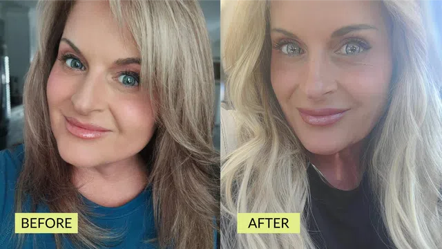 Side-by-side before and after photos of a woman showing blonde hair transformation and makeup enhancement