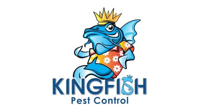 Kingfish Pest Control logo with a cartoon fish wearing a crown and Hawaiian shirt on black background