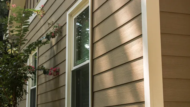 Close-up of beige wood-textured siding panels with white trim and a window on a house exterior with greenery.