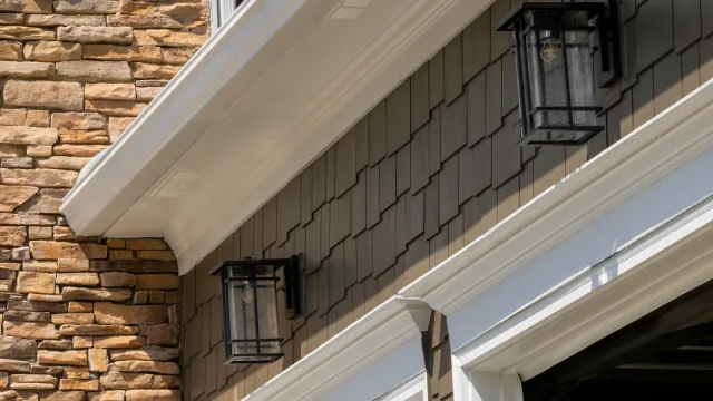 Modern house exterior with stone wall, brown shingle siding, white trim, and black lantern-style wall lights.