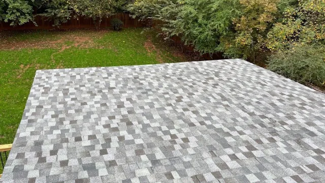 Grey patterned asphalt shingle roof with green grassy backyard and dense trees in the background under daylight.