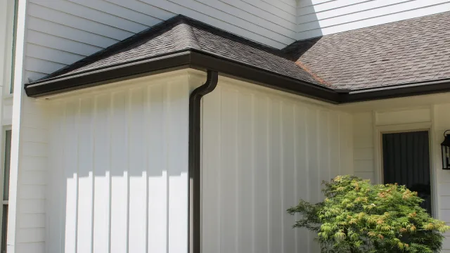 Close-up of house corner with white vertical siding, dark gutter, gray shingle roof, and green bush