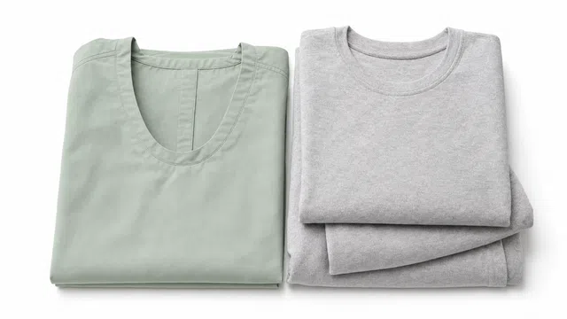 Folded green scrub top and folded gray sweatshirt on white background, showcasing casual and medical apparel.