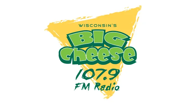 Logo of Wisconsin's Big Cheese 107.9 FM Radio with green text and yellow cheese wedge background.
