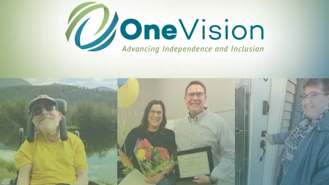 One Vision 2025 Annual Report cover with community inclusion photos and tagline advancing independence and inclusion.
